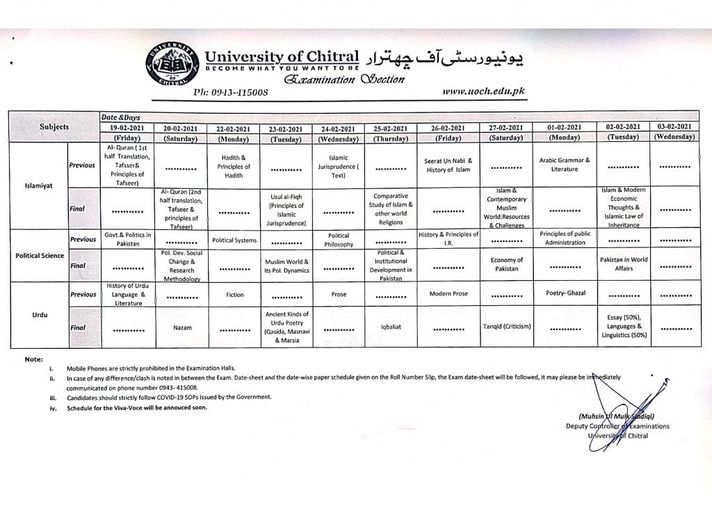 Chitral University UOCH Date Sheet MA Private Exams 2020