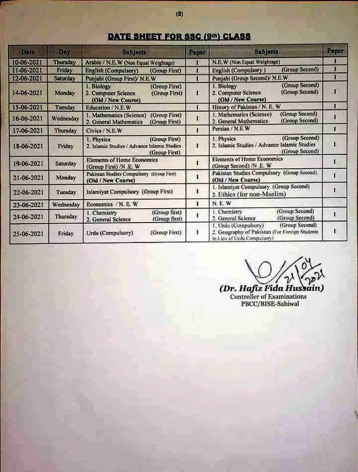BISE Rawalpindi Board 9th 10th Class Date Sheet 2021