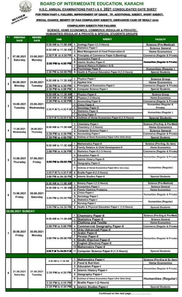 BIEK Karachi Revised Intermediate Date Sheet 2021