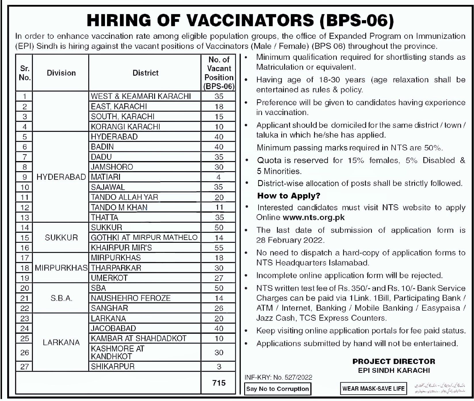 NTS (EPI) Vaccinator Jobs in Sindh 2022 Advertisement