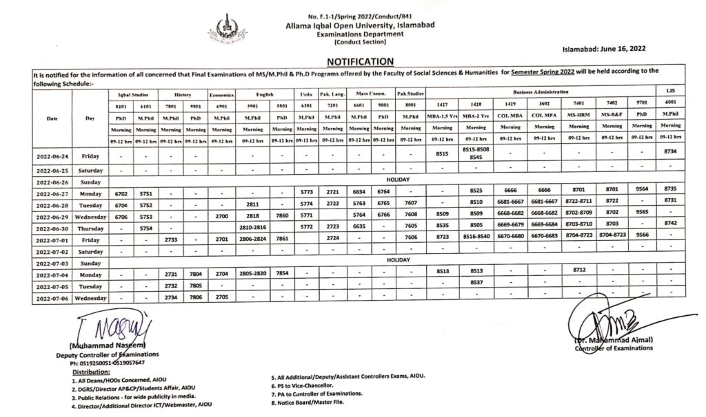AIOU Social Sciences And Humanities Date Sheet