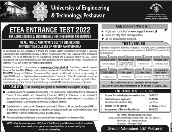 UET Peshawar ETEA Entry Test Schedule 2022