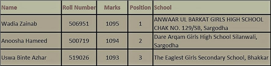 BISE Sargodha Matric (10th) Position Holders 2022 SSC 2